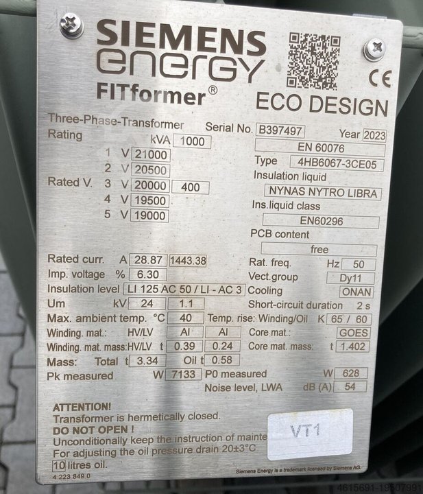 Siemens 1000 kVA 20/0,4 kV Dy11