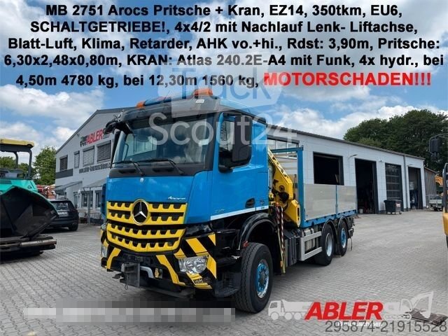 LKW mit Pritsche (offen) MERCEDES-BENZ 2751 Arocs Pritsche + Kran Retarder Motorschaden gebraucht