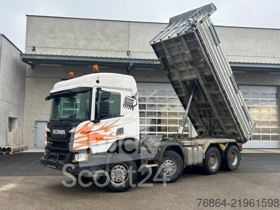 Trojstranná dodávka SCANIA P450 XT, 8X4 MEILLER GESTEINSKIPPER, BORDMATIC, použitý RETARDER