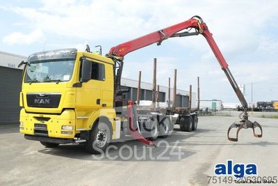 Древесный транспортный грузовик MAN 26.540 TGX 6x4, комбинированный поезд Huttner LNZK 20