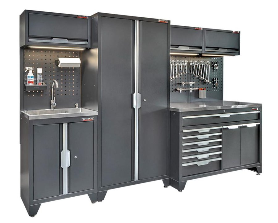 Werkzeugschrank Set mit Waschbecken - 295,5 cm Wandlänge, Schrank