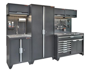 Werkzeugschrank Set mit Waschbecken - 295,5 cm Wandlänge, Schrank